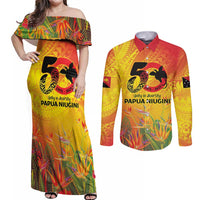 Papua New Guinea Unity in Diversity Couples Matching Off Shoulder Maxi Dress and Long Sleeve Button Shirt 50th Indipendens Papua Niugini LT9 Gold - Polynesian Pride