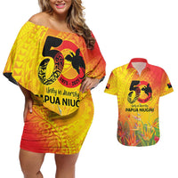 Papua New Guinea Unity in Diversity Couples Matching Off Shoulder Short Dress and Hawaiian Shirt 50th Indipendens Papua Niugini LT9 Gold - Polynesian Pride