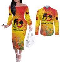 Papua New Guinea Unity in Diversity Couples Matching Off The Shoulder Long Sleeve Dress and Long Sleeve Button Shirt 50th Indipendens Papua Niugini LT9 Gold - Polynesian Pride