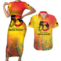 Papua New Guinea Unity in Diversity Couples Matching Short Sleeve Bodycon Dress and Hawaiian Shirt 50th Indipendens Papua Niugini LT9 Gold - Polynesian Pride