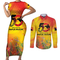 Papua New Guinea Unity in Diversity Couples Matching Short Sleeve Bodycon Dress and Long Sleeve Button Shirt 50th Indipendens Papua Niugini LT9 Gold - Polynesian Pride