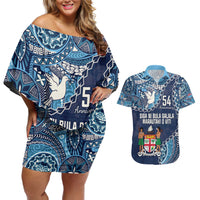 Personalised Fiji 54th Anniversary Couples Matching Off Shoulder Short Dress and Hawaiian Shirt Siga Ni Bula Galala Marautaki O Viti LT9 Blue - Polynesian Pride