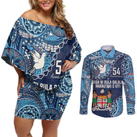 Personalised Fiji 54th Anniversary Couples Matching Off Shoulder Short Dress and Long Sleeve Button Shirt Siga Ni Bula Galala Marautaki O Viti LT9 Blue - Polynesian Pride