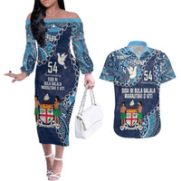 Personalised Fiji 54th Anniversary Couples Matching Off The Shoulder Long Sleeve Dress and Hawaiian Shirt Siga Ni Bula Galala Marautaki O Viti LT9 Blue - Polynesian Pride