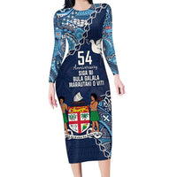 Personalised Fiji 54th Anniversary Family Matching Long Sleeve Bodycon Dress and Hawaiian Shirt Siga Ni Bula Galala Marautaki O Viti LT9 Mom's Dress Blue - Polynesian Pride