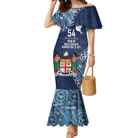 Personalised Fiji 54th Anniversary Family Matching Mermaid Dress and Hawaiian Shirt Siga Ni Bula Galala Marautaki O Viti LT9 Mom's Dress Blue - Polynesian Pride