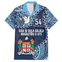Personalised Fiji 54th Anniversary Family Matching Off Shoulder Maxi Dress and Hawaiian Shirt Siga Ni Bula Galala Marautaki O Viti LT9 Dad's Shirt - Short Sleeve Blue - Polynesian Pride