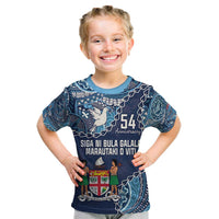 Personalised Fiji 54th Anniversary Kid T Shirt Siga Ni Bula Galala Marautaki O Viti LT9 Blue - Polynesian Pride