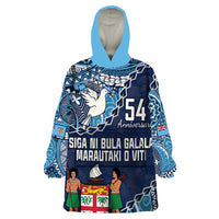 Personalised Fiji 54th Anniversary Wearable Blanket Hoodie Siga Ni Bula Galala Marautaki O Viti LT9 One Size Blue - Polynesian Pride