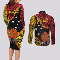 Personalised Papua New Guinea 49th Anniversary Couples Matching Long Sleeve Bodycon Dress and Long Sleeve Button Shirt Hapi De bilong Indipendens Papua Niugini LT9 - Polynesian Pride