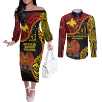 Personalised Papua New Guinea 49th Anniversary Couples Matching Off The Shoulder Long Sleeve Dress and Long Sleeve Button Shirt Hapi De bilong Indipendens Papua Niugini LT9 Black - Polynesian Pride