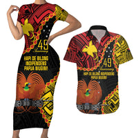 Personalised Papua New Guinea 49th Anniversary Couples Matching Short Sleeve Bodycon Dress and Hawaiian Shirt Hapi De bilong Indipendens Papua Niugini LT9 Black - Polynesian Pride