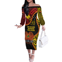 Personalised Papua New Guinea 49th Anniversary Off The Shoulder Long Sleeve Dress Hapi De bilong Indipendens Papua Niugini LT9 Women Black - Polynesian Pride