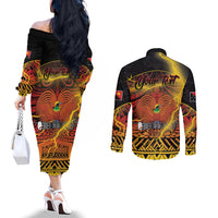 Personalised Papua New Guinea 49th Anniversary Couples Matching Off The Shoulder Long Sleeve Dress and Long Sleeve Button Shirt Bird of Paradise Unity In Diversity LT9 - Polynesian Pride