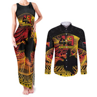 Personalised Papua New Guinea 49th Anniversary Couples Matching Tank Maxi Dress and Long Sleeve Button Shirt Bird of Paradise Unity In Diversity LT9 Black - Polynesian Pride