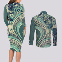 Hawaiian Hibiscus Tribal Vintage Motif Couples Matching Long Sleeve Bodycon Dress and Long Sleeve Button Shirt Ver 1 LT9 - Polynesian Pride