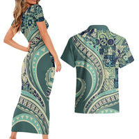 Hawaiian Hibiscus Tribal Vintage Motif Couples Matching Short Sleeve Bodycon Dress and Hawaiian Shirt Ver 1 LT9 - Polynesian Pride