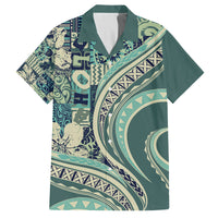 Hawaiian Hibiscus Tribal Vintage Motif Family Matching Long Sleeve Bodycon Dress and Hawaiian Shirt Ver 1 LT9 Dad's Shirt - Short Sleeve Sea Green - Polynesian Pride