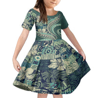Hawaiian Hibiscus Tribal Vintage Motif Family Matching Off The Shoulder Long Sleeve Dress and Hawaiian Shirt Ver 1 LT9 Daughter's Dress Sea Green - Polynesian Pride