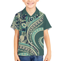 Hawaiian Hibiscus Tribal Vintage Motif Family Matching Short Sleeve Bodycon Dress and Hawaiian Shirt Ver 1 LT9 Son's Shirt Sea Green - Polynesian Pride