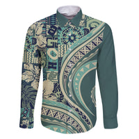 Hawaiian Hibiscus Tribal Vintage Motif Family Matching Tank Maxi Dress and Hawaiian Shirt Ver 1 LT9 Dad's Shirt - Long Sleeve Sea Green - Polynesian Pride