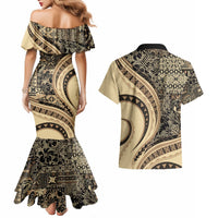 Hawaiian Hibiscus Tribal Vintage Motif Couples Matching Mermaid Dress and Hawaiian Shirt Ver 2 LT9 - Polynesian Pride