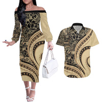 Hawaiian Hibiscus Tribal Vintage Motif Couples Matching Off The Shoulder Long Sleeve Dress and Hawaiian Shirt Ver 2 LT9 Beige - Polynesian Pride