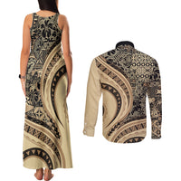 Hawaiian Hibiscus Tribal Vintage Motif Couples Matching Tank Maxi Dress and Long Sleeve Button Shirt Ver 2 LT9 - Polynesian Pride