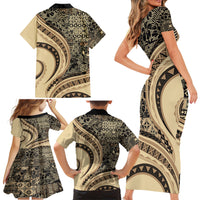 Hawaiian Hibiscus Tribal Vintage Motif Family Matching Short Sleeve Bodycon Dress and Hawaiian Shirt Ver 2 LT9 - Polynesian Pride