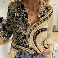 Hawaiian Hibiscus Tribal Vintage Motif Women Casual Shirt Ver 2 LT9 Female Beige - Polynesian Pride