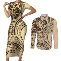 Hawaiian Hibiscus Tribal Vintage Motif Couples Matching Short Sleeve Bodycon Dress and Long Sleeve Button Shirt Ver 3 LT9 Beige - Polynesian Pride