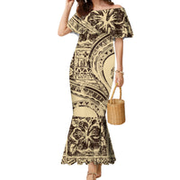 Hawaiian Hibiscus Tribal Vintage Motif Family Matching Mermaid Dress and Hawaiian Shirt Ver 3 LT9 Mom's Dress Beige - Polynesian Pride