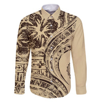 Hawaiian Hibiscus Tribal Vintage Motif Family Matching Off Shoulder Short Dress and Hawaiian Shirt Ver 3 LT9 Dad's Shirt - Long Sleeve Beige - Polynesian Pride