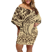 Hawaiian Hibiscus Tribal Vintage Motif Family Matching Off Shoulder Short Dress and Hawaiian Shirt Ver 3 LT9 Mom's Dress Beige - Polynesian Pride