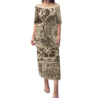 Hawaiian Hibiscus Tribal Vintage Motif Family Matching Puletasi and Hawaiian Shirt Ver 3 LT9 Mom's Dress Beige - Polynesian Pride