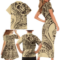 Hawaiian Hibiscus Tribal Vintage Motif Family Matching Short Sleeve Bodycon Dress and Hawaiian Shirt Ver 3 LT9 - Polynesian Pride