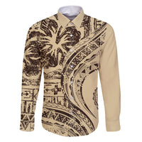 Hawaiian Hibiscus Tribal Vintage Motif Family Matching Short Sleeve Bodycon Dress and Hawaiian Shirt Ver 3 LT9 Dad's Shirt - Long Sleeve Beige - Polynesian Pride