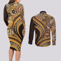 Hawaiian Hibiscus Tribal Vintage Motif Couples Matching Long Sleeve Bodycon Dress and Long Sleeve Button Shirt Ver 4 LT9 - Polynesian Pride