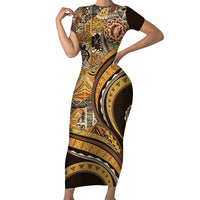 Hawaiian Hibiscus Tribal Vintage Motif Family Matching Short Sleeve Bodycon Dress and Hawaiian Shirt Ver 4 LT9 Mom's Dress Gold - Polynesian Pride