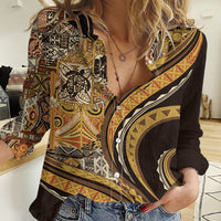 Hawaiian Hibiscus Tribal Vintage Motif Women Casual Shirt Ver 4 LT9 Female Gold - Polynesian Pride