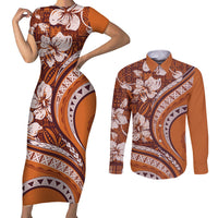 Hawaiian Hibiscus Tribal Vintage Motif Couples Matching Short Sleeve Bodycon Dress and Long Sleeve Button Shirt Ver 5 LT9 Gold - Polynesian Pride
