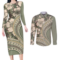 Hawaiian Hibiscus Tribal Vintage Motif Couples Matching Long Sleeve Bodycon Dress and Long Sleeve Button Shirt Ver 6 LT9 Green Pastel - Polynesian Pride