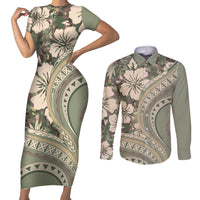 Hawaiian Hibiscus Tribal Vintage Motif Couples Matching Short Sleeve Bodycon Dress and Long Sleeve Button Shirt Ver 6 LT9 Green Pastel - Polynesian Pride