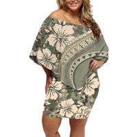 Hawaiian Hibiscus Tribal Vintage Motif Family Matching Off Shoulder Short Dress and Hawaiian Shirt Ver 6 LT9 Mom's Dress Green Pastel - Polynesian Pride