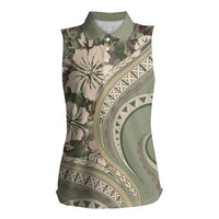 Hawaiian Hibiscus Tribal Vintage Motif Women Sleeveless Polo Shirt Ver 6 LT9 Female Green Pastel - Polynesian Pride