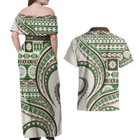Hawaiian Hibiscus Tribal Vintage Motif Couples Matching Off Shoulder Maxi Dress and Hawaiian Shirt Ver 7 LT9 - Polynesian Pride