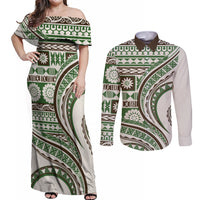 Hawaiian Hibiscus Tribal Vintage Motif Couples Matching Off Shoulder Maxi Dress and Long Sleeve Button Shirt Ver 7 LT9 Green - Polynesian Pride