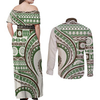 Hawaiian Hibiscus Tribal Vintage Motif Couples Matching Off Shoulder Maxi Dress and Long Sleeve Button Shirt Ver 7 LT9 - Polynesian Pride