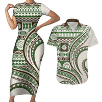 Hawaiian Hibiscus Tribal Vintage Motif Couples Matching Short Sleeve Bodycon Dress and Hawaiian Shirt Ver 7 LT9 Green - Polynesian Pride