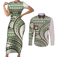 Hawaiian Hibiscus Tribal Vintage Motif Couples Matching Short Sleeve Bodycon Dress and Long Sleeve Button Shirt Ver 7 LT9 Green - Polynesian Pride